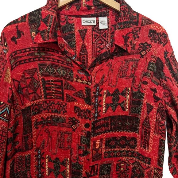 Chico's Size 1 US 8 Tunic Top Linen Aztec Southwest Button Front Red Tortoise Bu - Picture 2 of 11